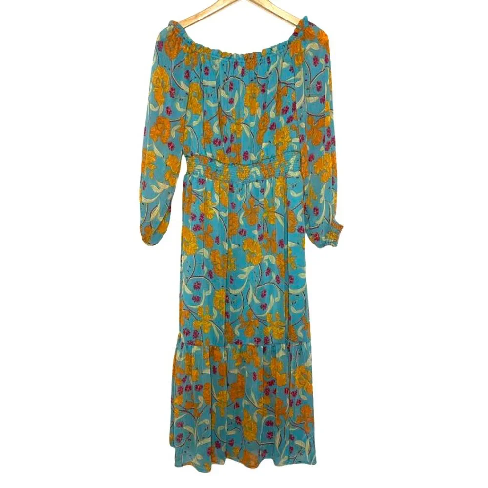 NWT Sofia Vergara 2-Way Off Shoulder Midi Dress Caneel Bay L Smocked